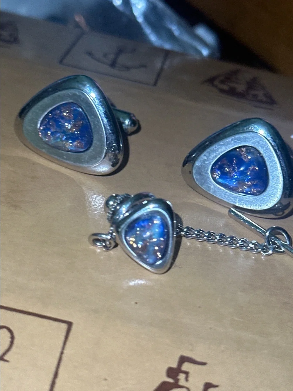 Vintage Source Unknown Silver Cufflinks and Tie Tack with Blue Opal Inlay